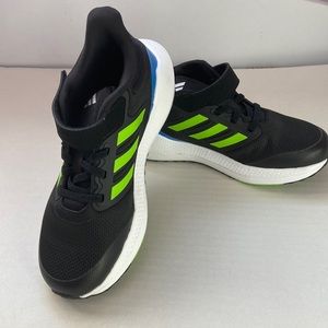 Adidas Ultra bounce shoes kids, new, black with green stripes and blue accents.